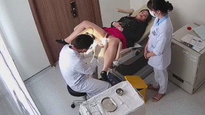 Gynecological clinic surveillance secretly filmed. Red skirt beauty doing gynecological examination